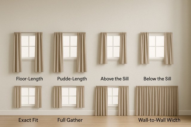 Realistic visual comparing different curtain lengths and widths on windows.