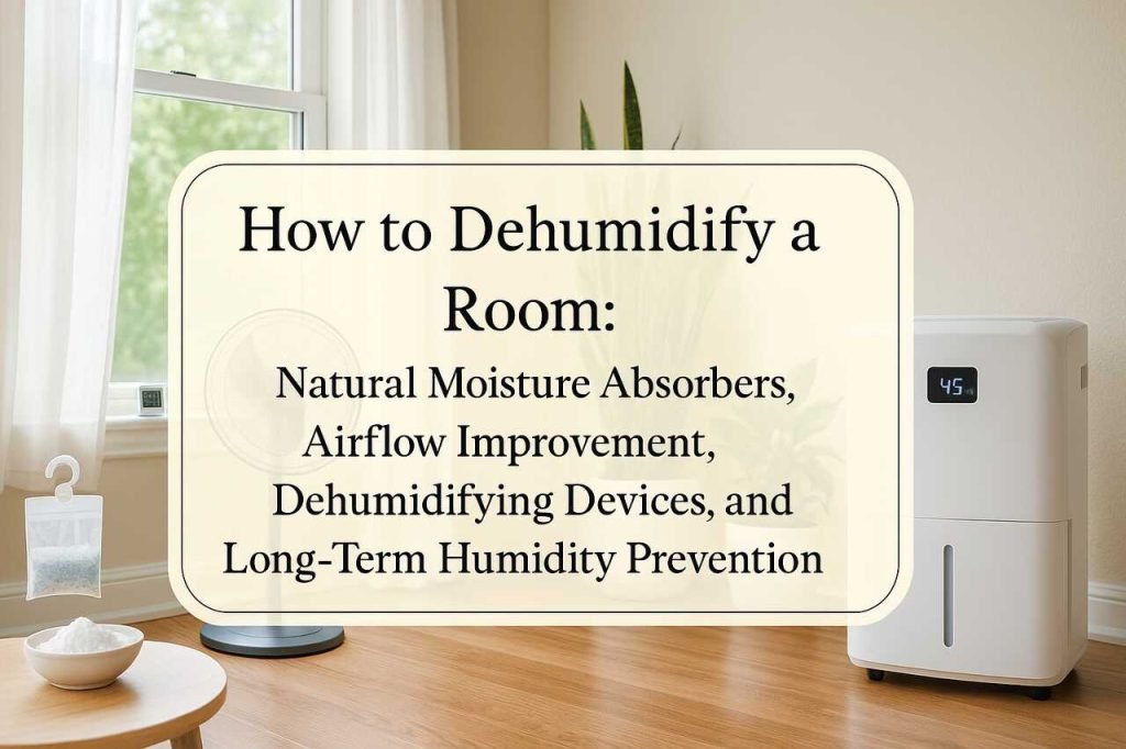 Bright room with dehumidifier, fan, and natural moisture absorbers; title in a rounded dialog box.