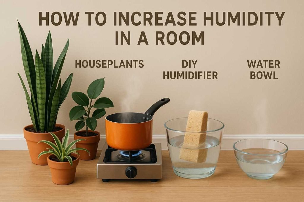 How to Increase Humidity in a Room Using Natural Methods, Houseplants, Steam, and DIY Humidifiers Realistic image of houseplants, steam pot, sponge humidifier, and water bowl increasing room humidity.