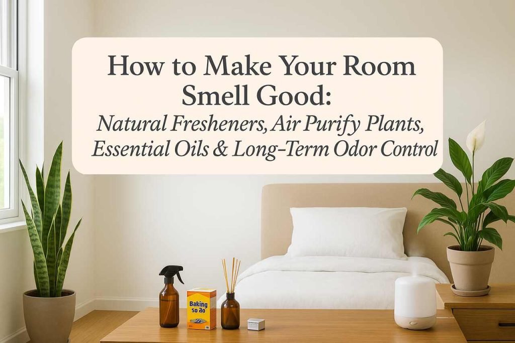 Sunlit bedroom with plants, diffuser, and natural deodorizers; title in a rounded dialog box.