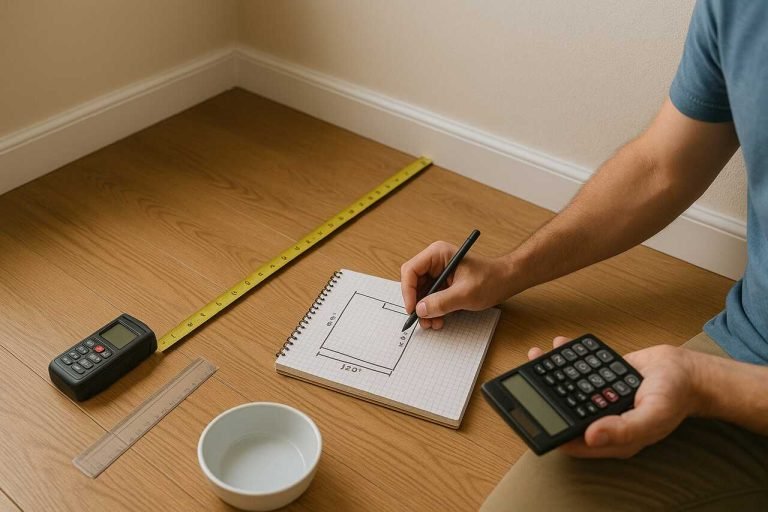 Measuring room layout with tools and sketchpad on wooden floor.
