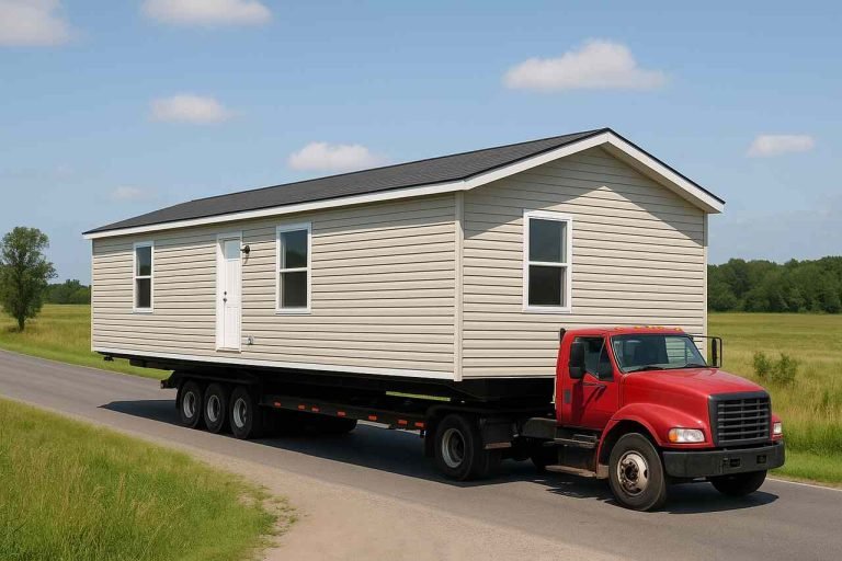 Red flatbed truck moving a beige mobile home on a rural road.
