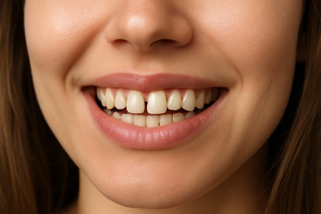 Close-up smile with a small gap between front teeth.