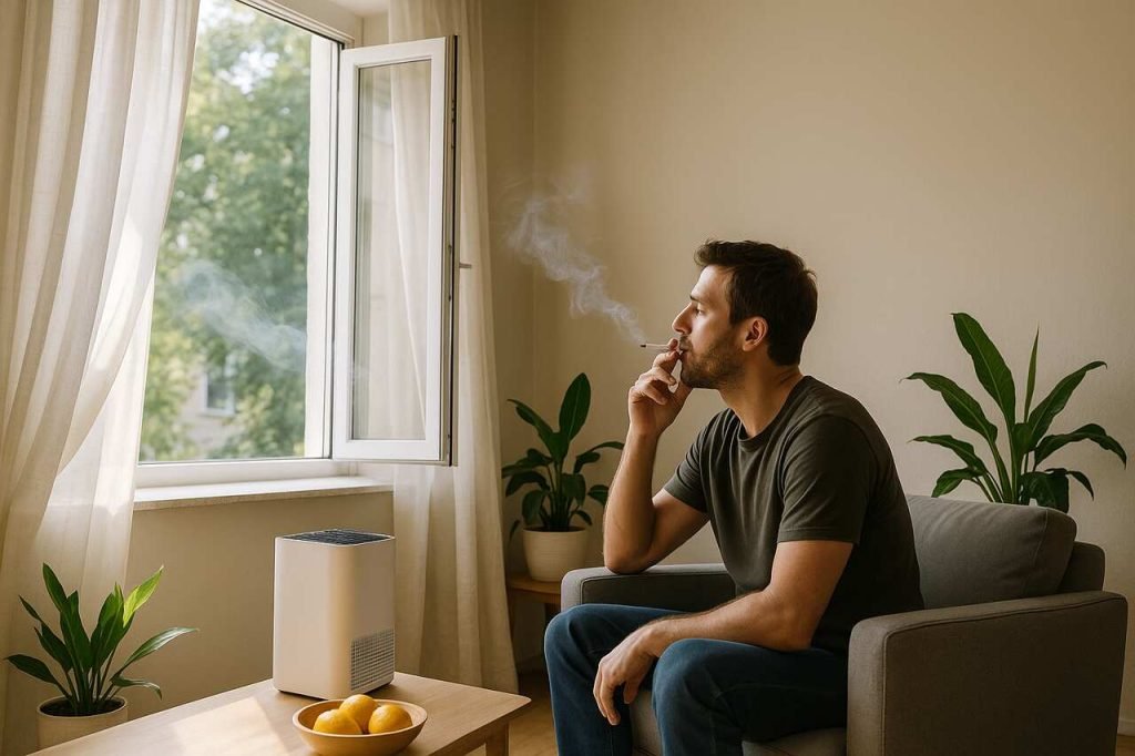 Person smoking near large open window with smoke drifting outside.