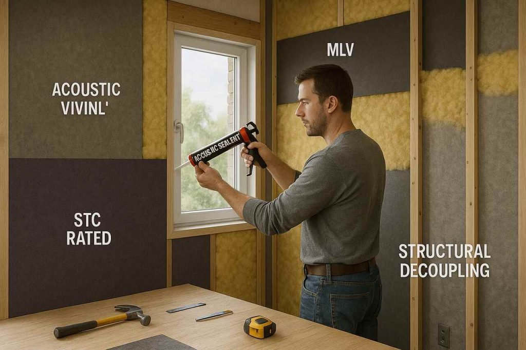 Man sealing window in soundproofed room with vinyl, insulation, and labeled panels.