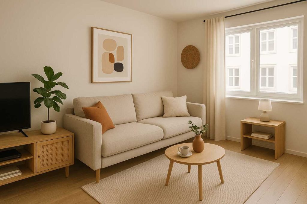 Stylish small living room with beige sofa and minimalist layout