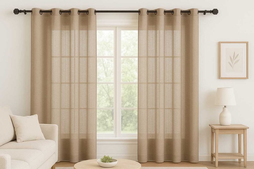 Curtain rod with beige curtains in a modern living room
