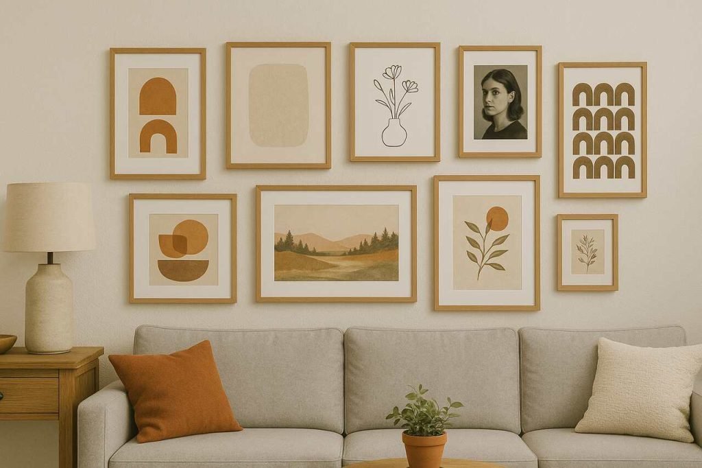 Living room with stylish gallery wall featuring mixed artwork.