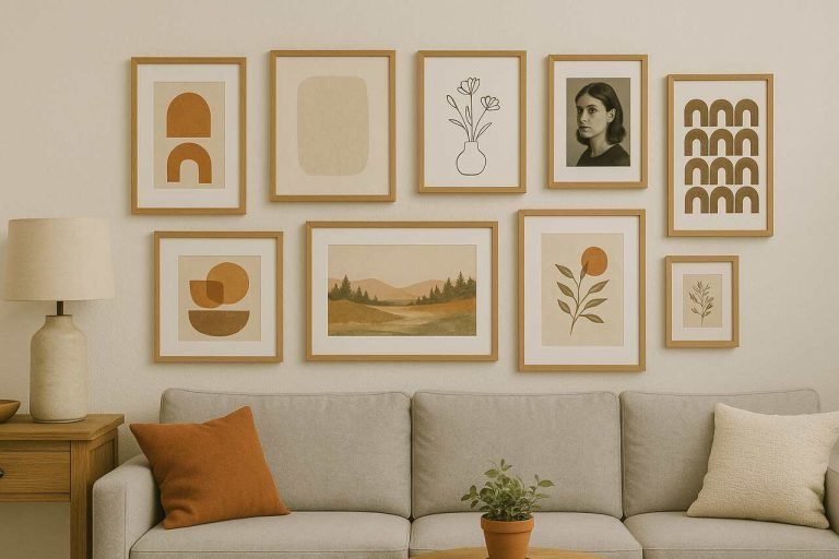 Living room with stylish gallery wall featuring mixed artwork.