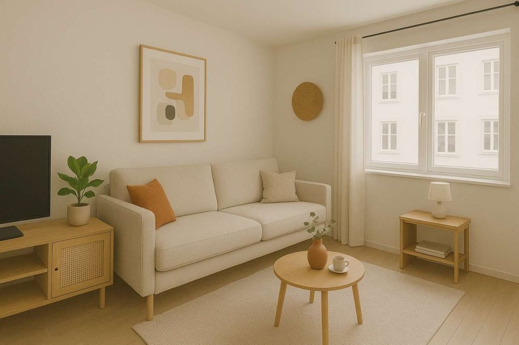 Transform Your Narrow Living Room: Smart Layout Ideas That Maximize Style and Space Neutral narrow living room with beige sofa and wooden accents