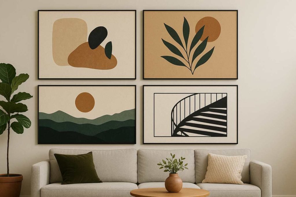 Modern living room with abstract wall art in landscape layout.