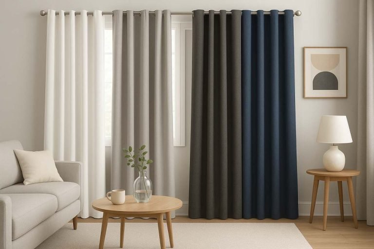White, grey, black, and blue curtains in a stylish living room setting.