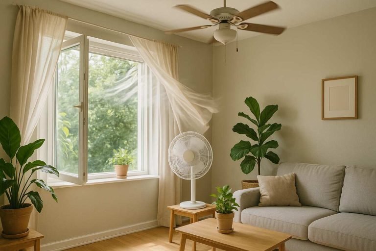 Living room with open window, ceiling fan, and plants for cooling.