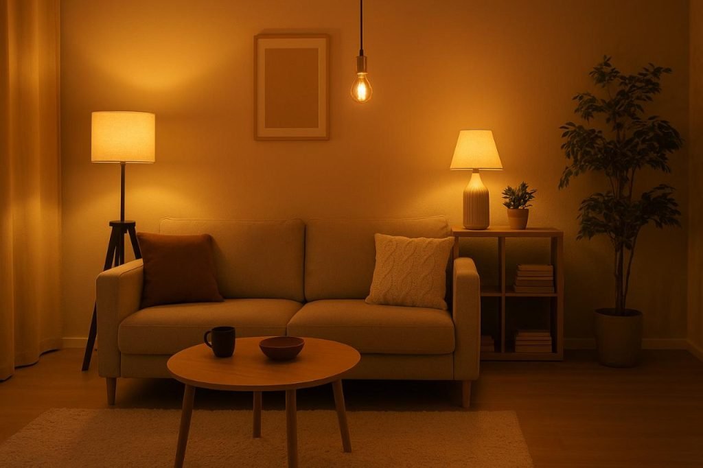 Mood lighting with stylish light bulbs in a cozy living room