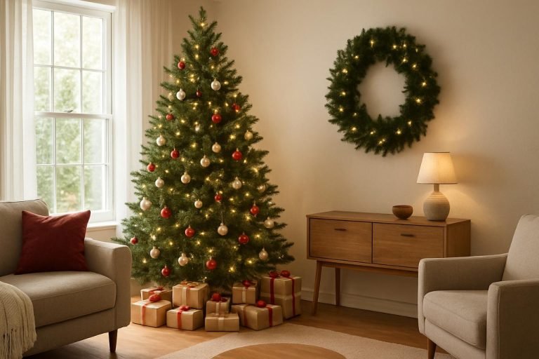 Christmas tree near a bright window in a cozy living room.