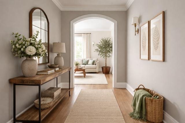 Hallway with Oggy Gray walls and neutral home décor.