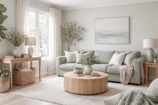 Muted green and pale blue-gray living room interior with eucalyptus decor.