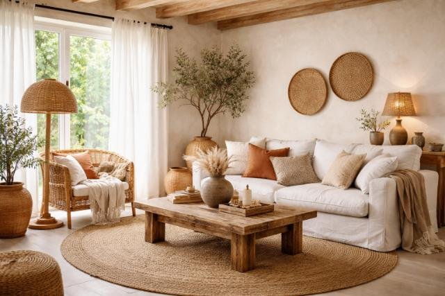 Earthy-toned living room with rattan, wood, and jute decor