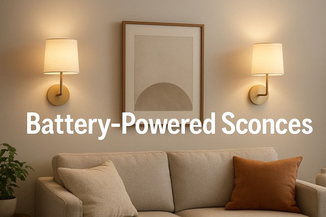 Battery-powered sconces illuminating a cozy modern living room.