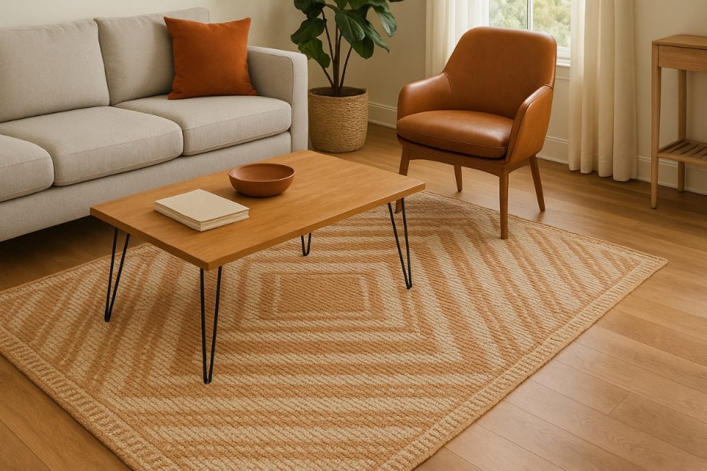 Warm stylish functional living room rug with modern furniture