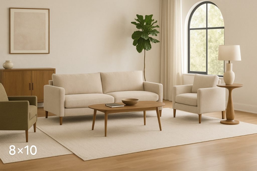 Living room with rugs in 8×10 and 9×12 sizes under furniture.