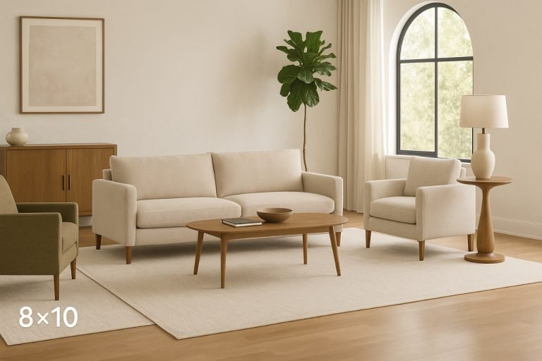Living room with rugs in 8×10 and 9×12 sizes under furniture.