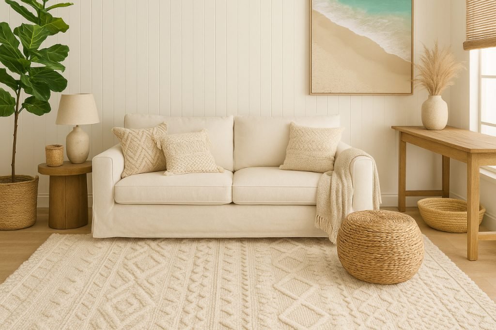 How to Choose Plush Wool Coastal Boho Rugs That Add Warmth, Texture & Beachy Vibes Plush wool coastal boho rug adding warmth and beachy texture to a living room.