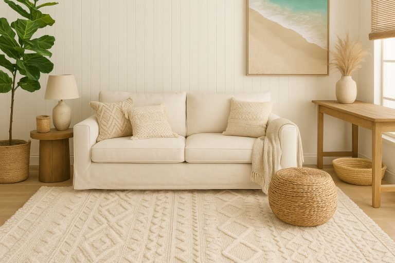 Plush wool coastal boho rug adding warmth and beachy texture to a living room.