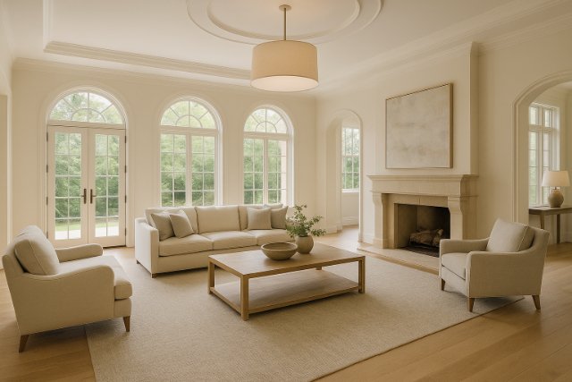 Large living room with neutral decor and arched windows.