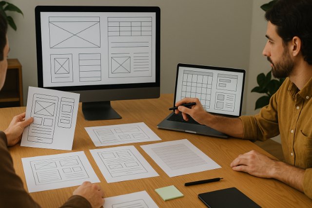 Designers working on layout planning with wireframes and digital tools.