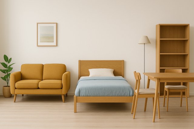 Labeled furniture showing standard dimensions in a living space