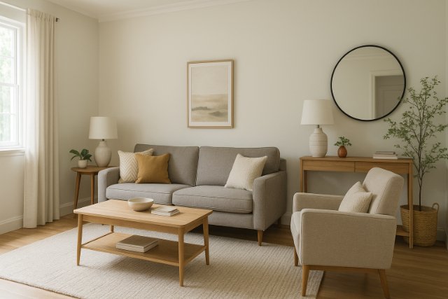 Medium-sized living room interior with modern furniture and decor.
