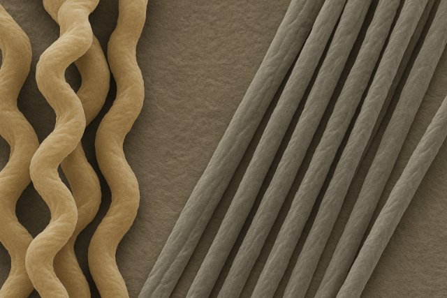 Fiber crimp and texture in textiles showing fiber waviness and softness