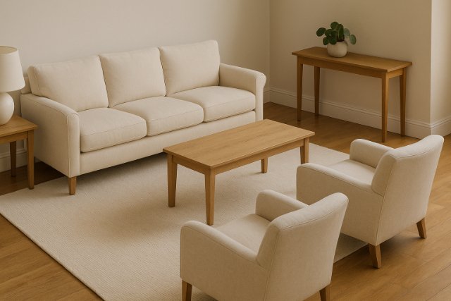 Living room size guidelines with furniture layout illustration.