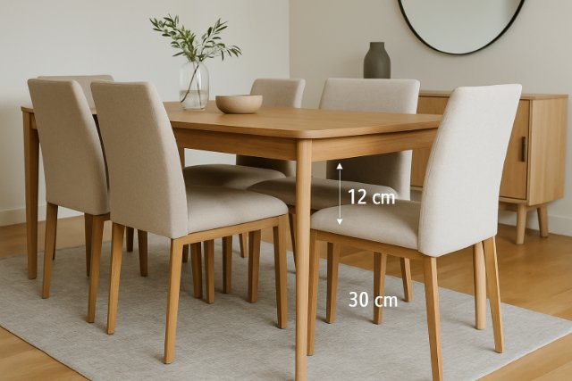 Dining room with table and chairs showing under-table spacing guidelines.