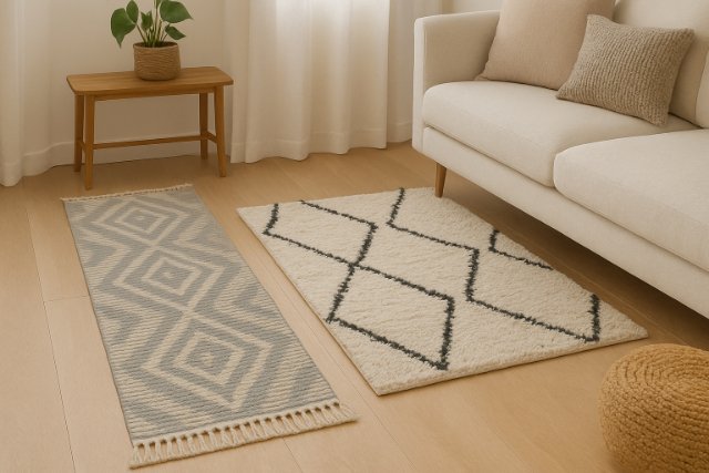 Runner and accent rugs in a cozy modern living room.