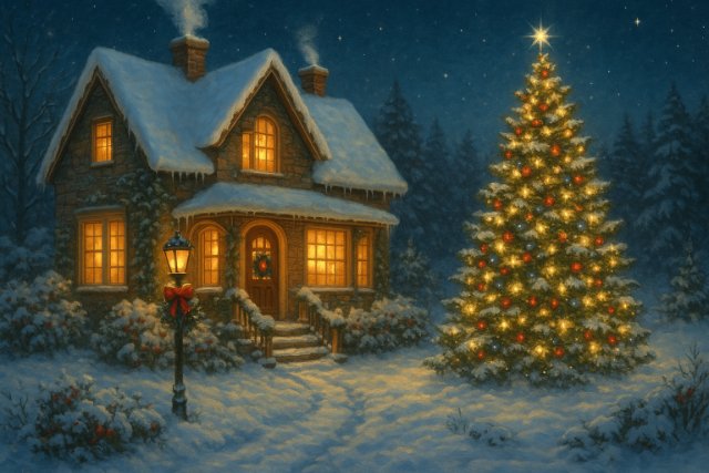 Traditional Christmas house with glowing lights and a decorated tree in the snow.