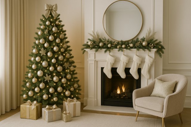Modern glam Christmas living room with gold decorations and elegant fireplace