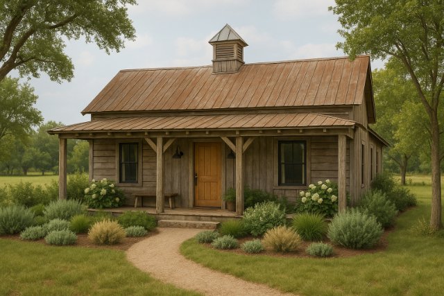 Rustic farmhouse with wooden exterior and garden path