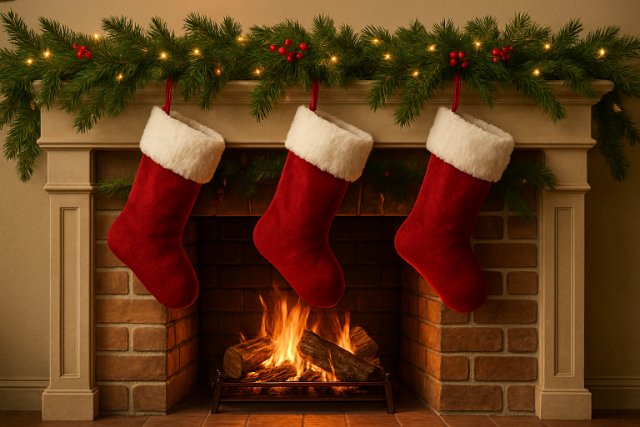Garland and stockings hanging over a festive fireplace