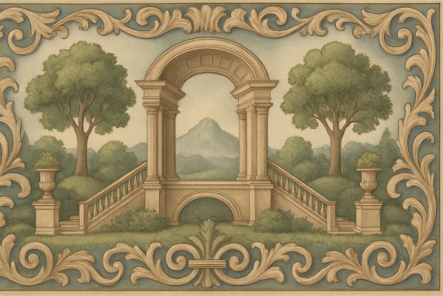 Classical decorative elevation with archway and ornamental landscape