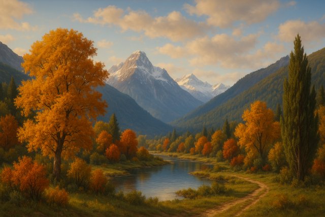 Autumn landscape with mountains, river, and golden trees representing thematic cohesion.