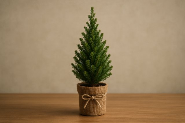 Tabletop tree in burlap pot on wooden table