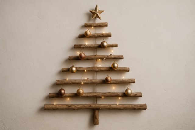 Wall-hung wooden Christmas tree with ornaments and lights