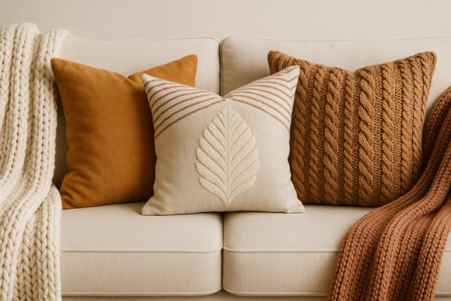 Cozy throw pillows and blankets on a beige couch.