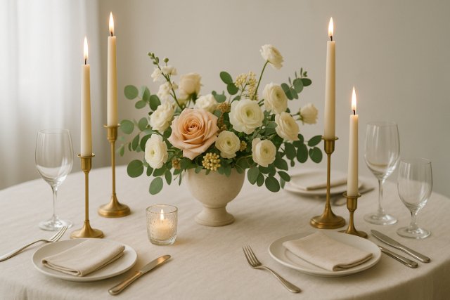 Elegant table setup with floral centerpiece and candles in a cozy setting.