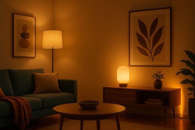 Cozy living room with ambient lighting and modern decor.