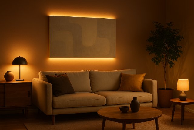 Cozy living room with ambient accent lighting behind artwork and lamps.