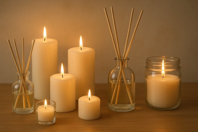 Candles and scent diffusers on a wooden table with soft lighting