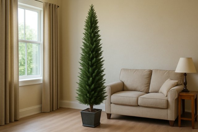 Slim pencil Christmas tree in living room corner.